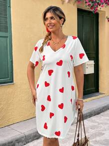Flirla Plus Size Boho V-Neck Heart Print Short Sleeve Casual Dress, For Summer - Apricot - View 3