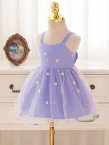 SHEIN Glamorique Kids Baby Girls Spring/Summer Embroidered Mesh V-Neck Spaghetti Strap Bowknot Belt Mesh Dress,Easter - Purple - View 4