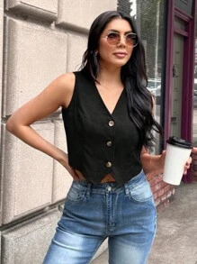 SHEIN LUNE 女式纯色单排扣无袖休闲衬衫 - 黑色 - 查看 5