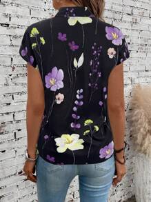 EMERY ROSE Vacation Casual Floral Print Stand Collar Shirt - Black - View 2