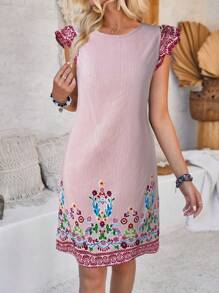 EMERY ROSE Women Casual Striped & Floral Printed Patchwork Short Mini Dress - Red - View 1