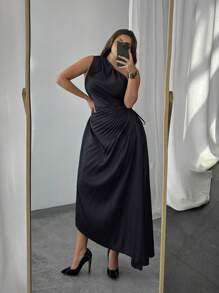 Firerie 大码女式优雅假日海滩不对称领口热带印花下午茶派对高端会场晚宴荷叶边腰部镂空荷叶边缎面不对称长裙