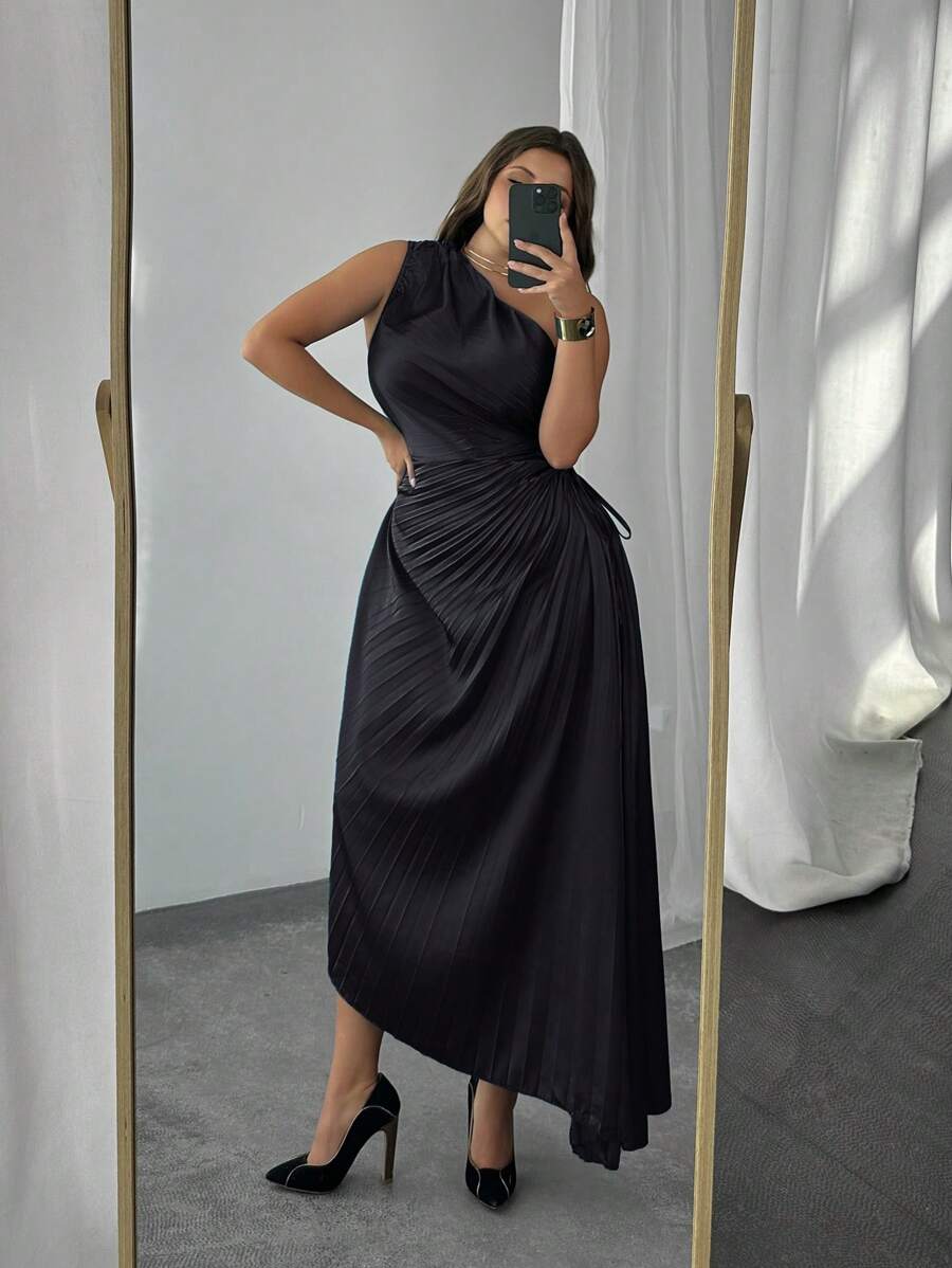 Firerie 大码女式优雅假日海滩不对称领口热带印花下午茶派对高端会场晚宴荷叶边腰部镂空荷叶边缎面不对称长裙