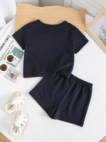 SHEIN 2pcs/Set Baby Boys Casual Traditional Pattern Round Neck Short Sleeve Top & Pants & Hat Set, Suitable For Spring/Summer Home, Outing, Party Wear - Royal Blue - View 13