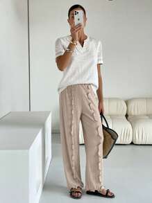 SHEIN Essnce Women Plain Color Casual Pants, Fashion Everyday Wear - Khaki - View 2