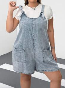 SHEIN CURVE+ Extra Plus Size Distressed Denim Jumpsuit, Suitable For Summer Vacation Boho Vacation - Blue - View 7