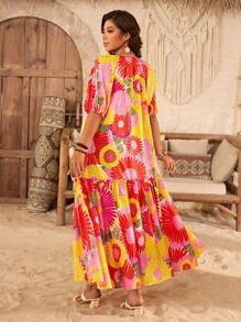 SHEIN Clasi Đầm Maxi In Tua Rua Tay Vai Rộng Viền Vá Nhiều Màu Cho Kỳ Nghỉ Mùa Hè Bãi Biển Size Lớn - Nhiều màu - Xem 2