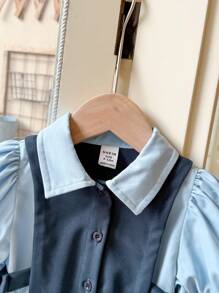 SHEIN LMoss Kids LMoss Bebeluş Fetiţă Bebeluş Fetiţă Rochie de vară cu mâneci prinţesă cu mâneci scurte cu guler răsturnat, potrivită pentru adunări în aer liber, vacanţe şi alte ocazii