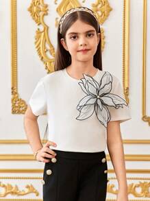 SHEIN Leap Crew تي شيرت كم قصير بياقة دائرية، أنيق للمراهقات، رمضان - وردي - مشاهدة 4