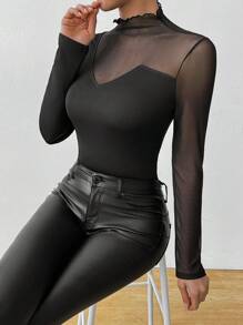 Chiquease Áo thun nữ cổ đứng tay dài lưới bất đối xứng - màu đen - Xem 4