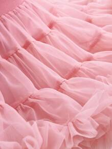 SHEIN 女婴幼儿 0-3 岁基本款奢华多层网眼蝴蝶结装饰蓬蓬蛋糕芭蕾短裙芭蕾舞裙，粉色芭蕾短裙