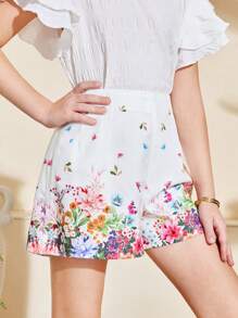 SHEIN Tween Girls Floral Print Pleated Casual Shorts, Suitable For Spring Outing, Vacation, Afternoon Tea In The Garden, Casual Outings, French Elegance, Mommy And Me Matching Outfits - White - View 1