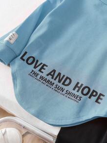 SHEIN 女婴可爱字母印花不对称针织上衣配松紧腰裤套装，秋冬