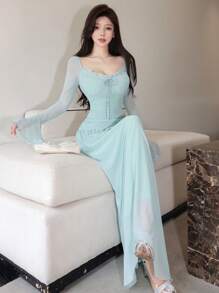 Modelyn Women's Mesh Tie-Up Flared Long Sleeve Asymmetrical Ruffle Elegant Date Night Dress Fall Cloth For Women - Mint Green - View 3