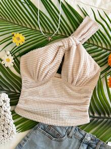 Soleia 女士度假镂空露背短款上衣，休闲夏日 - 杏色 - 查看 5