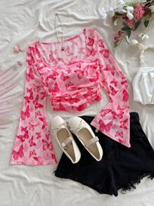 Soleia Blouse pour femmes, vacances, romantique, Saint-Valentin, col carré rose, plissée, manches évasées, teinture, impression papillon, filet