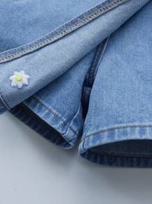 Short vaquero de moda para adolescentes, lavado claro azul con diseño floral bordado, cintura elástica, corte evasé, suelto, para verano