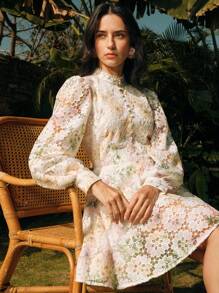 Anewsta Elegant Floral Embroidery Mini Dress, Chic Ladies Spring/Summer - Multicolor - View 3