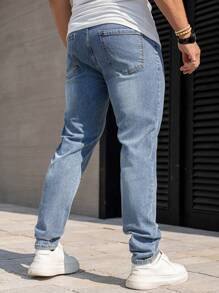 Manfinity Homme Men's Casual Washed Simple Tapered Leg Jeans - Light Wash - View 2