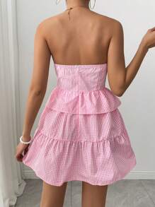 SHEIN EZwear 格纹抹胸短款上衣搭配荷叶边下摆优雅迷你连衣裙