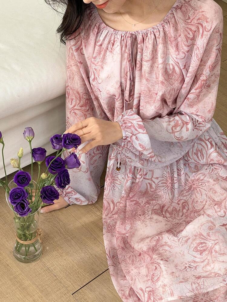 Elegant Chiffon Printed Lantern Sleeve Waist Cinched Dress For Women Boho Floral Dresses For Women