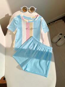 SHEIN 2pcs Baby Boys Casual Cute Raglan Loose Stripe Knit Top T-Shirt And Knit Elastic Waist Shorts 2 Pieces Outfit Set, Suitable For Spring/Summer Indoor And Outdoor Wear