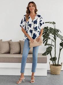 EMERY ROSE Women's Front Button Short Sleeve Floral Print Casual Shirt - White - View 7