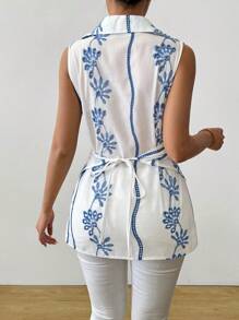 Breezaya 女士时尚刺绣前扣无袖休闲衬衫 - 白色 - 查看 2