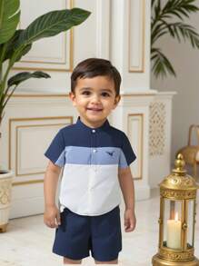 2pcs Baby Boy Summer Colorblock Polo Collar Short Sleeve Cardigan Top And Solid Elastic Waist Shorts Set, Casual School Style Suitable For Outings, Home, And School - Blue and White - View 7
