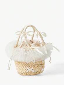 ROMWE Kawaii Chiffon Adorable Bow Straw Handbag - Beige - View 4