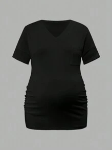 SHEIN Top ajustado de manga corta con escote en V para maternidad, uso casual diario - Blanco y Negro - Ver 6