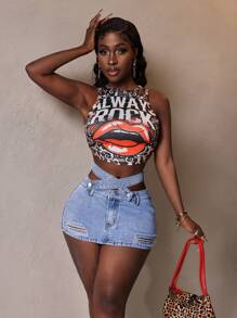 Slaydiva 女式前扣口袋做旧简约休闲牛仔裙 - 藍色 - 查看 5