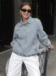 DAZY 女式翻领拉链宽松牛仔夹克，秋装 - 中等水洗藍 - 查看 6