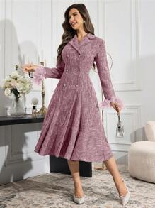 Modelyn Women's Front Button Faux Fur Patchwork Simple Casual Dress - Dusty Purple - View 6