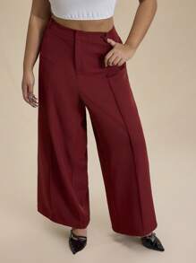 Forever 21 Plus Size Plain Pocket Straight-Leg Casual Pants, Everyday Wear - Burgundy - View 1
