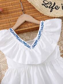 SHEIN Tween Girls' Casual V-Neck Embroidered Ruffle Trim Vacation Blouse - White - View 4