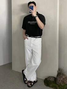 DAZY Camiseta polo de tela texturizada negra con estampado de letra, para verano - Negro - Ver 7