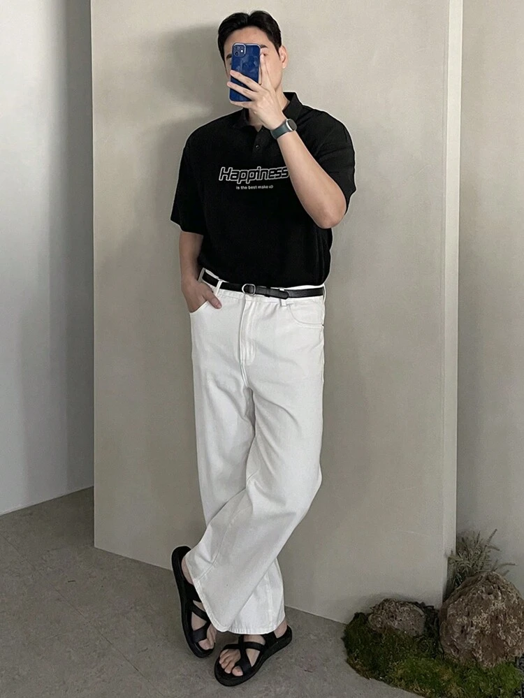 Men's Black Textured Fabric Letter Print Polo Shirt, Summer