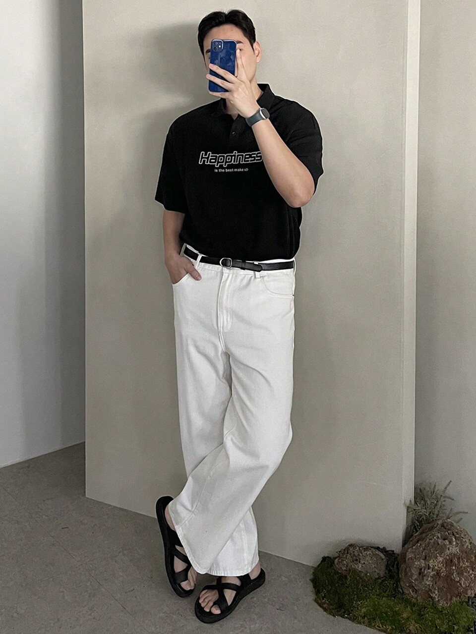 Men's Black Textured Fabric Letter Print Polo Shirt, Summer