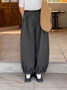 FRIFUL Women's Grey Striped Loose Cropped Pants, Spring Clothing - Grey - View 4