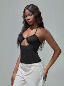 TRNVIE 时尚性感镂空挂脖黑色背心，度假装。节日装 - 黑色 - 查看 5