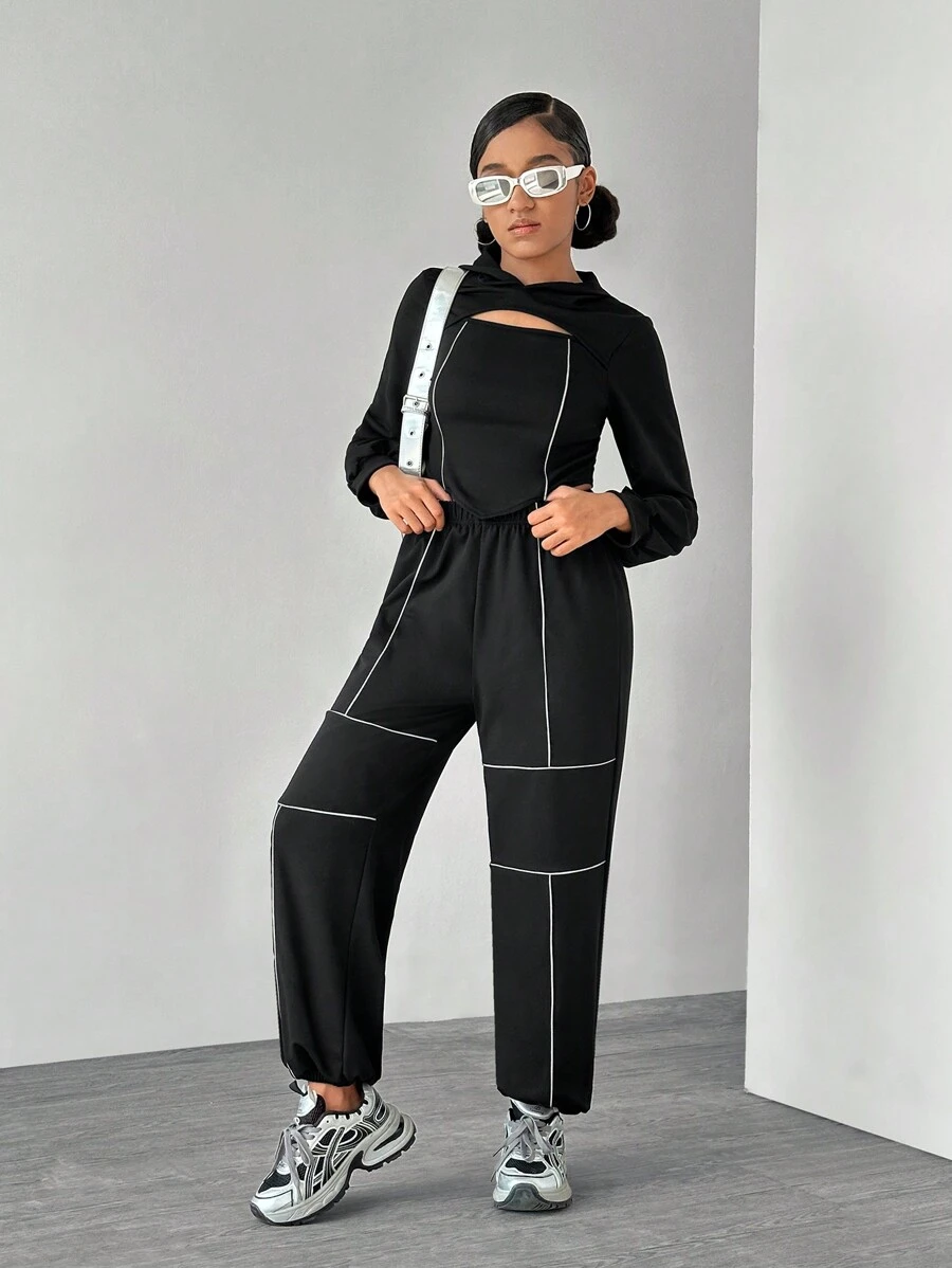 SHEIN Teen Girls Reflective Strip Black Pullover Hoodie & Sweatpants Set, Autumn Spring - Black - View 1