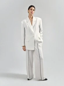 Ontre Modern Urban Style Two-Tone Design White Suit Pants, Daily Casual Tailored Thin Side Stripe White Dress Pants For Women - White - View 1