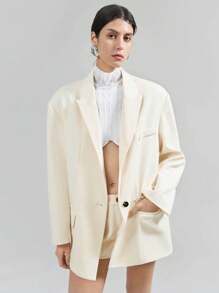 Ontre 杏色短裤套装，超大设计长袖套装，复古风格工作服办公室套装，宽肩带女式西装外套，红色长袖翻领 - 杏色 - 查看 2