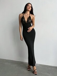 Aloruh Women's Elegant Sexy Lace Patchwork Backless Bodycon Dress Valentine Day - Black - View 6