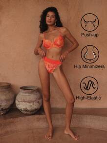 SHEIN Swim 2pcs/Set Women Summer Beach Floral Random Pattern Gathered Padded Bikini Set, Festival Boho Style - Orange - View 1