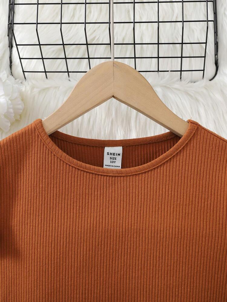 SHEIN Tween Girls Ribbed Cap Sleeve Crop Top & Ditsy Floral Tie Waist Skirt 2 Pieces Set, Casual For Vacation, Back To School, Countryside Style, Brown - Brown - View 8