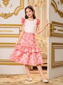 SHEIN Tween Girls Elegant Summer Party 2 Pieces Set,White And Pink Textured Floral Sleeve Crop Top & Rose Jacquard Satin A-Line Skirt Luxurious Outings - Multicolor - View 1