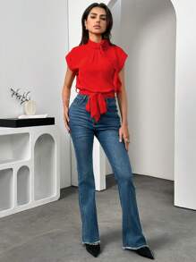 SHEIN Unity 女士高领 3D 玫瑰收腰蝴蝶结工作休闲衬衫 - 紅色 - 查看 5