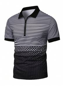 Manfinity Homme 男士条纹短袖休闲通勤 Polo 衫男士高尔夫衬衫 - 黑與白 - 查看 4